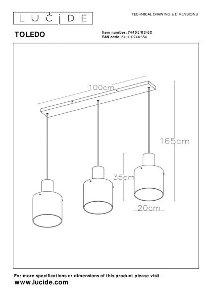 Lucide TOLEDO - Pendant light - Ø 20 cm - 3xE27 - Amber - technical